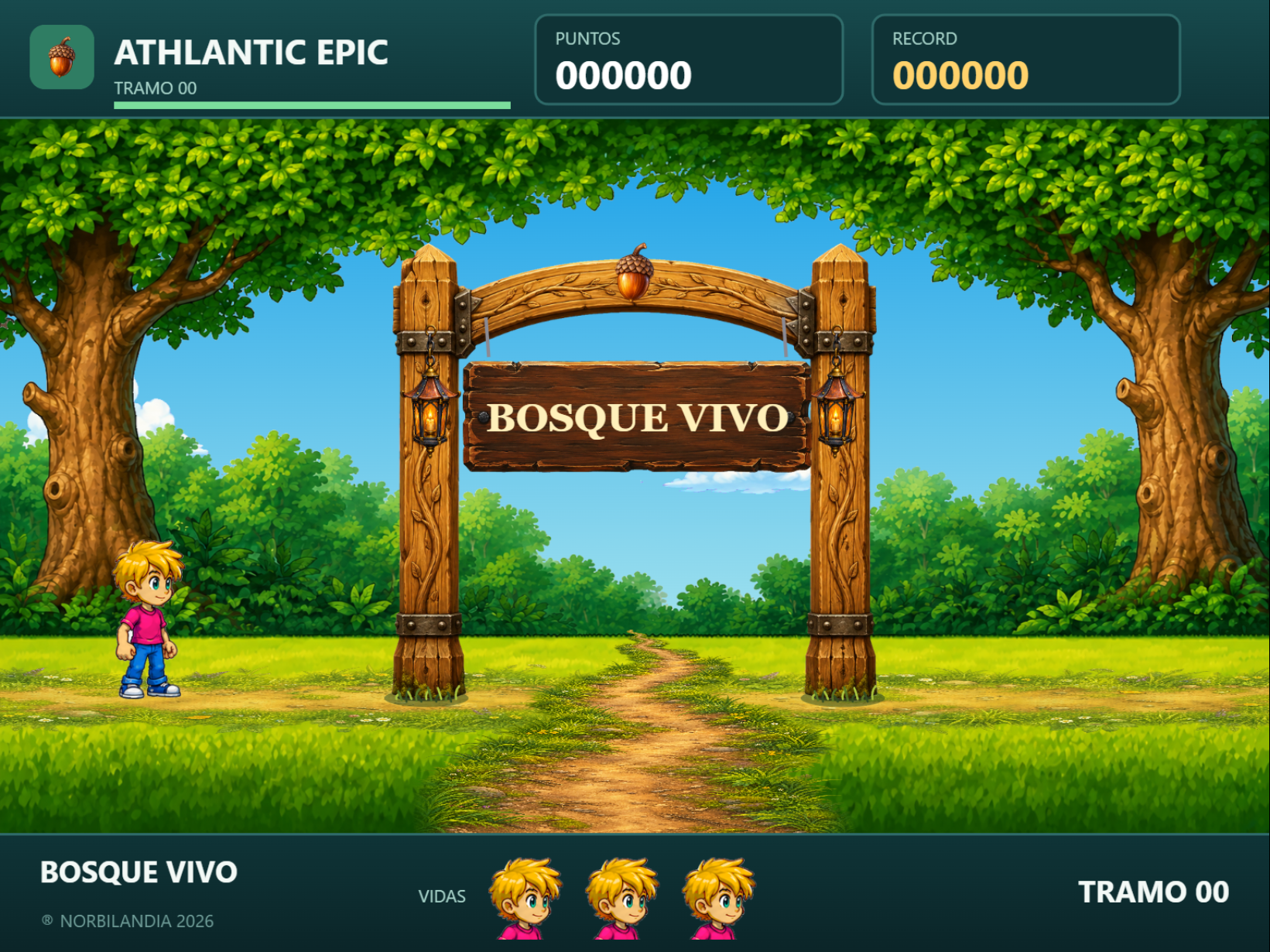 ATHLANTIC EPIC: personaje ante la entrada de Bosque Vivo, rodeado de árboles y vegetación.