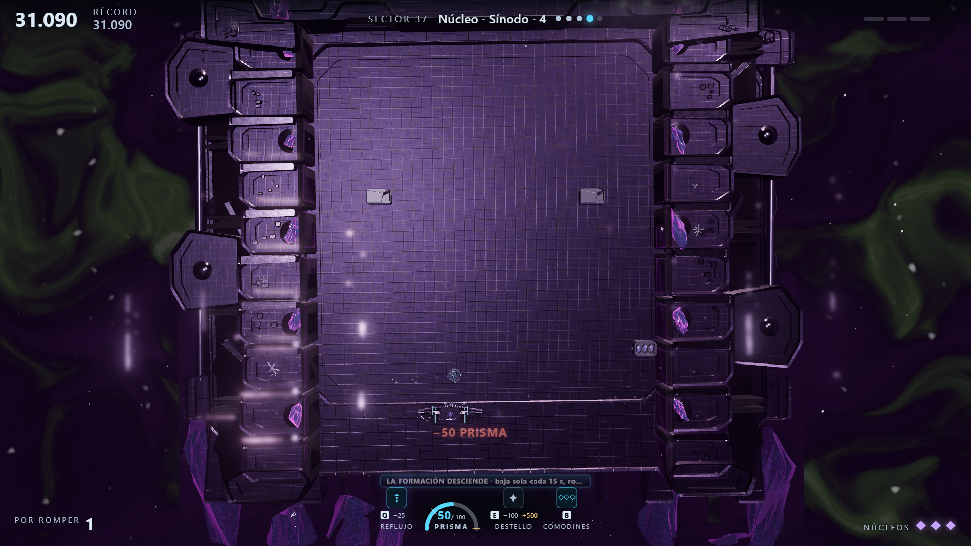 La formación de cristal cerca del AEGIS y una reserva de 50 PRISMA visible en la interfaz.